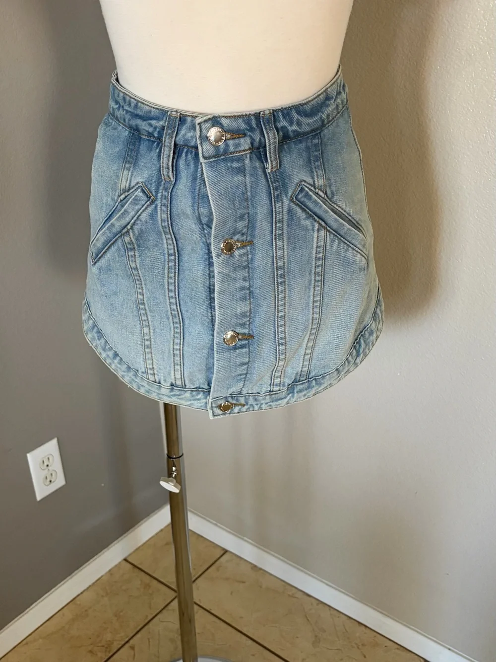 Light Blue Denim Panelled Mini Skirt